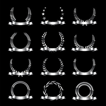 Silver laurel wreath ribbon isolated set on black background. Wheat ears and stars decoration. Vector luxury award design. 