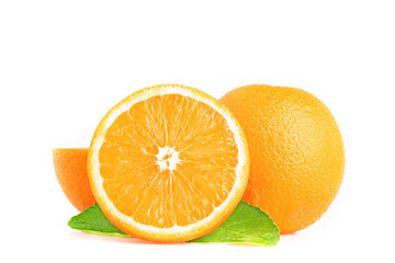 Wall Mural - Orange.two oranges with leaf and half isolated on white background. fruit