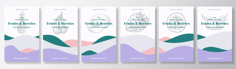 Wall Mural - Aroma candles vector labels template bundle. Fruits and berries scents collection advert design. Sketch background layouts with abstract waves decor. Natural smell product package text space set