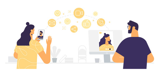 Young man and woman communicate online using a mobile phone and a computer. People on the screen of devices. Remote communication concept: online meeting, dating, call and video. Vector in flat design