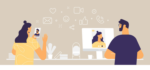 Wall Mural - Woman and man in a video chat. Online meeting and remote communication on the internet. Social media line icons: call, emoji, message, video, phone, share, like. Vector illustration in flat design