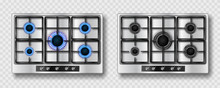 Gas stove with blue flame and black steel grate. Kitchen stainless cooktop with lit and off burners. Vector realistic set of burning propane butane on hob top view isolated on transparent background