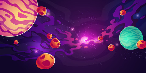 Wall Mural - planets in outer space with satellites, meteors, asteroids and nebula in dark starry sky. galaxy, co