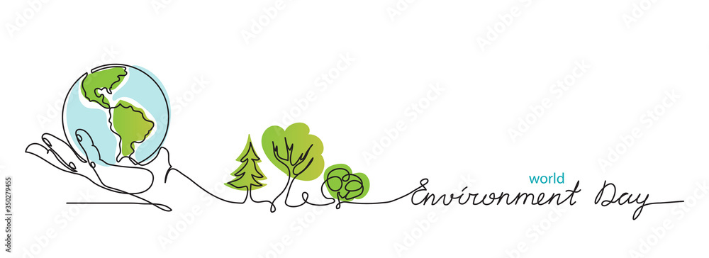 World environment day simple vector web banner, poster with earth and trees. One continuous line drawing. Minimalist banner, illustration with lettering environment day. - obrazy, fototapety, plakaty 