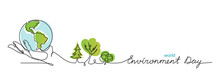 World Environment Day Simple Vector Web Banner, Poster With Earth And Trees. One Continuous Line Drawing. Minimalist Banner, Illustration With Lettering Environment Day.