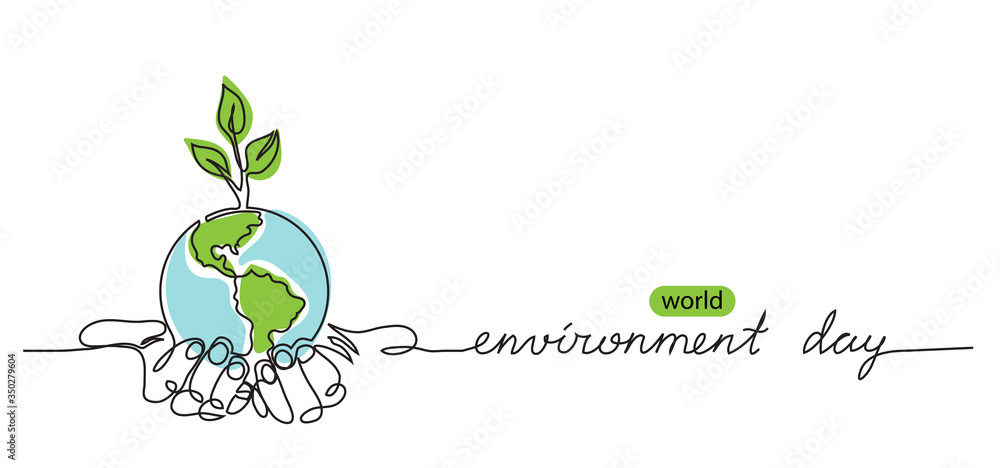 World environment day minimalist vector background with earth in hands and plant. One continuous line drawing. Poster, banner, background with lettering environment day. - obrazy, fototapety, plakaty 