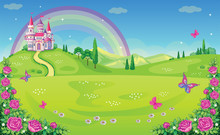 Fairytale Background With Flower Meadow. Wonderland. Cartoon, Children's Illustration. Princess's Castle And Rainbow. Fabulous Landscape. Beautiful Park With Roses, Butterflies. Romantic Story. Vector