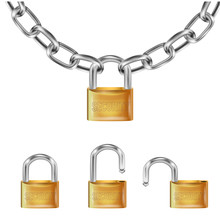 Realistic Gold Lock On Metal Chain Links, Open Lock And Open With The Inscription Security. Length Of Chain Isolated On White Background
