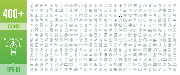 400 Line art set with icon set. Thin line. Social media, technology, seo, logistic, education, sport, medicine, travel, weather, construction, finance, contact us, music. Vector stock illustration.