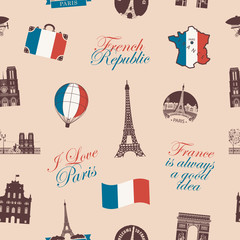 Vector seamless pattern on a France and Paris theme with inscriptions, landmarks, flag and map of French Republic in retro style. Suitable for background, wallpaper, wrapping paper or fabric