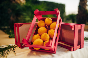 Fresh lemons in wooden box painted in red color