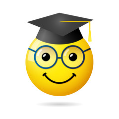 Wall Mural - Creative graduation icon. Class Off logotype. Isolated abstract graphic web design template. White paper sticker, smile sign with glasses. Cute 3D symbol. Internet messenger emblem with academic hat.