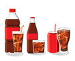 Soft drink coke bottle and glass set vector illustration
