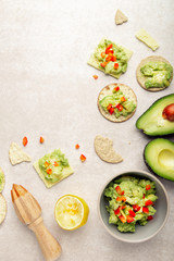 Wall Mural - Healthy Gluten Free Snacks. Oatcakes and sea salt crackers with avocado and bell pepper mash. Ideal snack for vegans