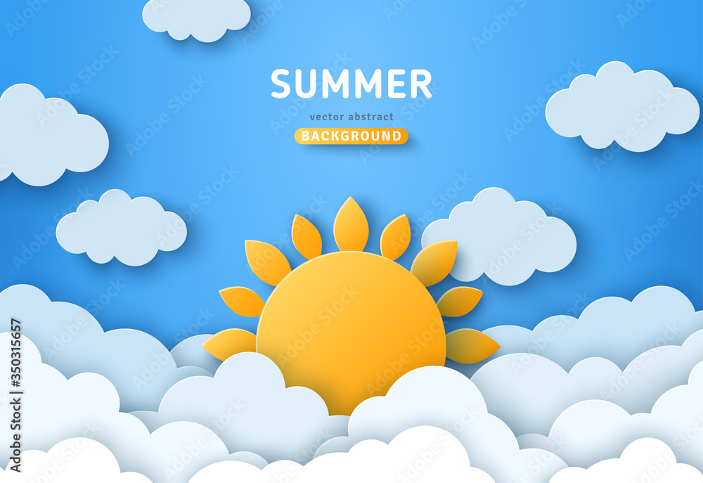 Summer day concept vector illustration. Cloudscape, blue sky with fluffy clouds and sun. Paper cut style. Place for text - obrazy, fototapety, plakaty 