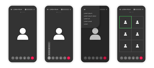Wall Mural - Call mobile four screen template on window browser or app. Video chat or meeting or conference. Mockup UI, UX interface. Vector.