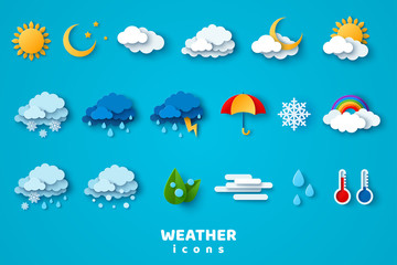 paper cut weather icons set on blue background. vector illustration. white clouds, dew on leaves, fo