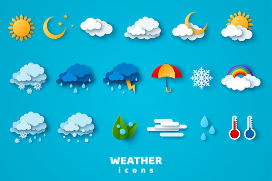 paper cut weather icons set on blue background. vector illustration. white clouds, dew on leaves, fo