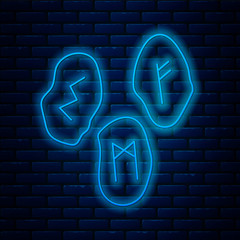 Glowing neon line Magic runes icon isolated on brick wall background. Vector Illustration