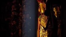 Golden Buddha Statue Through Bars In Longshan Temple, Taipei, Taiwan.
High Angle, Parallax Movement, Slow Motion, HD.
