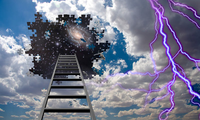 Wall Mural - Puzzle Piece Hole in Sky, Falling Pieces and Ladder