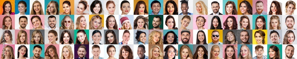 collage of happy smiling faces of people. Happy men and women expressing different positive emotions. Human emotions, facial expression concept. - obrazy, fototapety, plakaty 