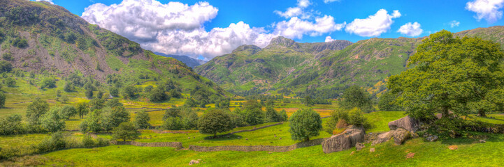 Canvas Print - Langdale Valley Lake District Cumbria with mountains blue sky and clouds on beautiful summer day in colourful hdr