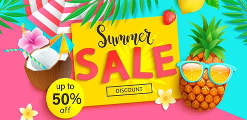 Bright Sale banner for summer 2020. Hipster pineapple invites to big discounts in hot season, poster with tropical leaves,cocktail, sun umbrella on two colors geometric background.Vector Illustration.