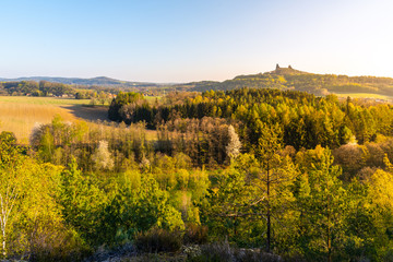 Trosky castle ruins. Two towers of old medieval castle on the hill. Landscape of Bohemian Paradise, Czech: Cesky raj, Czech Republic