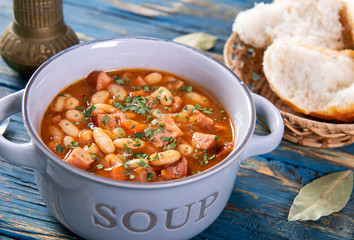 Wall Mural - Baked beans in tomato sauce with chopped sausage