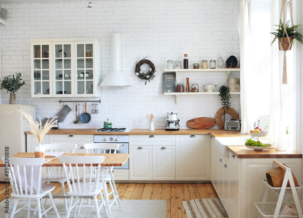 Scandinavian-style kitchen interior, vintage appliances and atmosphere - obrazy, fototapety, plakaty 