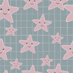  Pink smiling stars seamless pattern on stripes background. Character star shapes elements wallpaper.