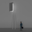 © Alex_Po - Man stands near the ladder leading upwards to a door behind which there is bright light. 3D illustration