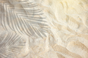 Fototapete - top view of tropical palm leaf shadow on sand color background. minimal summer concept. flat lay