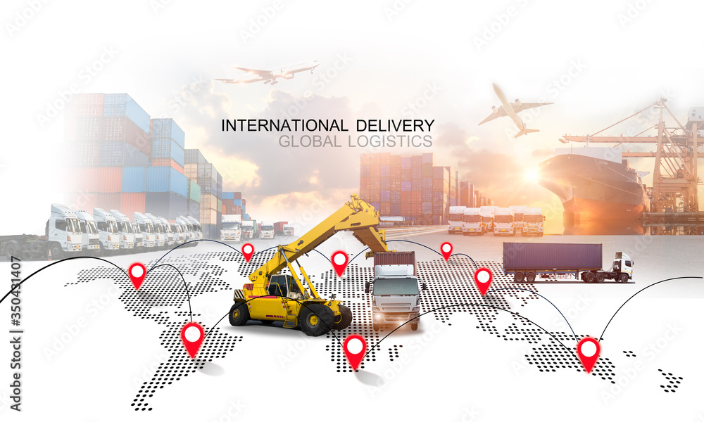 Logistics international delivery concept, World map with logistic network distribution on background.background for Concept of fast or instant shipping, Online goods orders worldwide - obrazy, fototapety, plakaty 