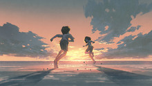 Boy And Girl Running On The Beach To See The Sunrise On The Horizon, Digital Art Style, Illustration Painting