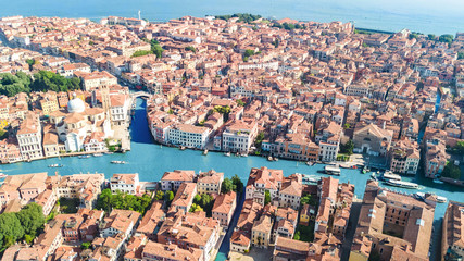 Venice city Grand Canal and houses aerial drone view, Venice island cityscape and Venetian lagoon from above, Italy
