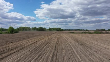 Wall Mural - Blue tractor working on spring field, aerial view. Agriculture - aerial view of harvest fields with tractor. Farmer seeding crops at field. 
