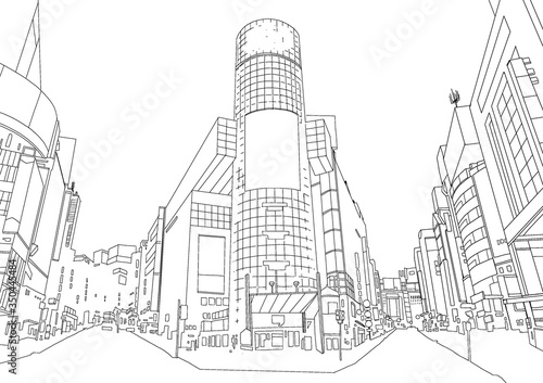 漫画背景イラスト 渋谷のような繁華街の線画 Ilustracion De Stock Adobe Stock