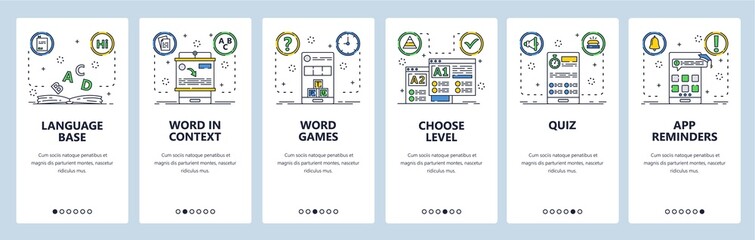 Wall Mural - distance language learning website and mobile app onboarding screens vector template
