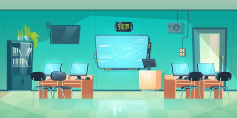 Wall Mural - Computer class, empty interior of school, university or college, modern room for studying. Cabinet with desks, computers with formulas on screen, tv display, teacher place, cartoon vector illustration