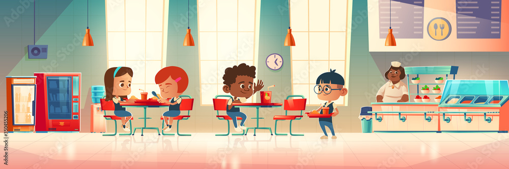 Children eat in school canteen. Vector cartoon illustration of cafeteria interior with tables, chairs, vending machine, water cooler, kids with food trays and staff at counter bar - obrazy, fototapety, plakaty 
