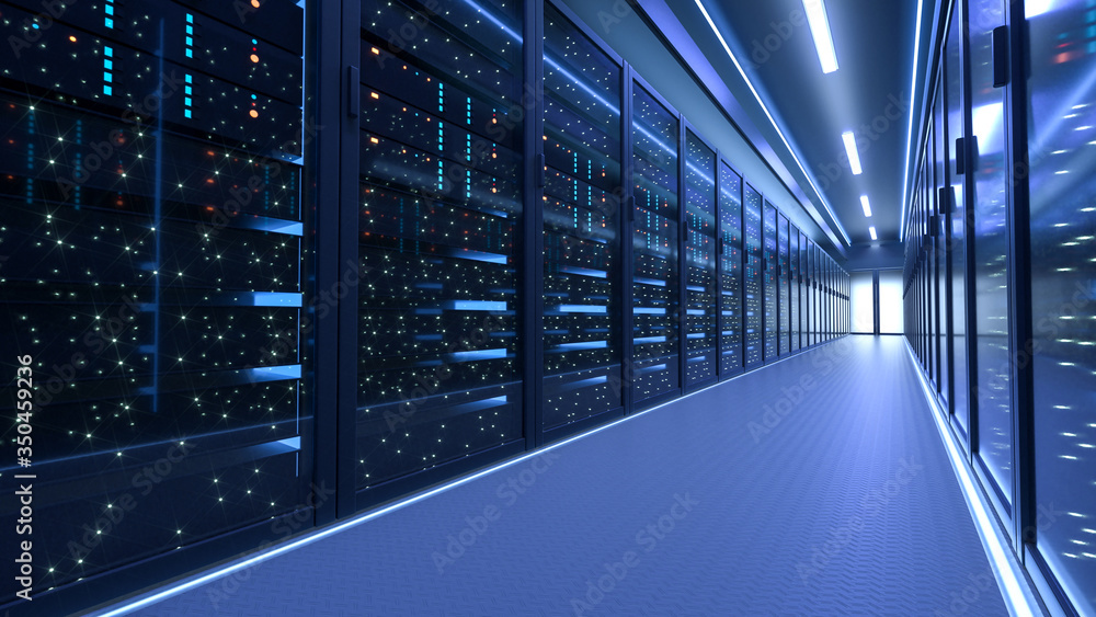 Working Data Center Full of Rack Servers and Supercomputers, Modern Telecommunications, Artificial Intelligence, Supercomputer Technology Concept.3d rendering,conceptual image. - obrazy, fototapety, plakaty 
