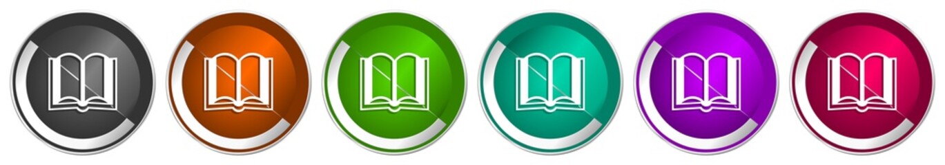 Fototapete - Book icon set, silver metallic chrome border vector web buttons in 6 colors options for webdesign