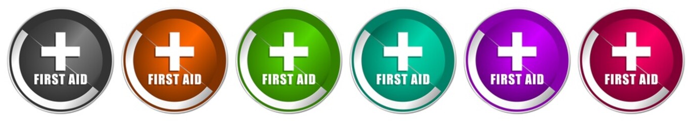 Aufkleber - First aid icon set, silver metallic chrome border vector web buttons in 6 colors options for webdesign