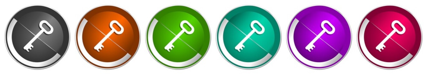 Leinwandbilder - Key icon set, silver metallic chrome border vector web buttons in 6 colors options for webdesign