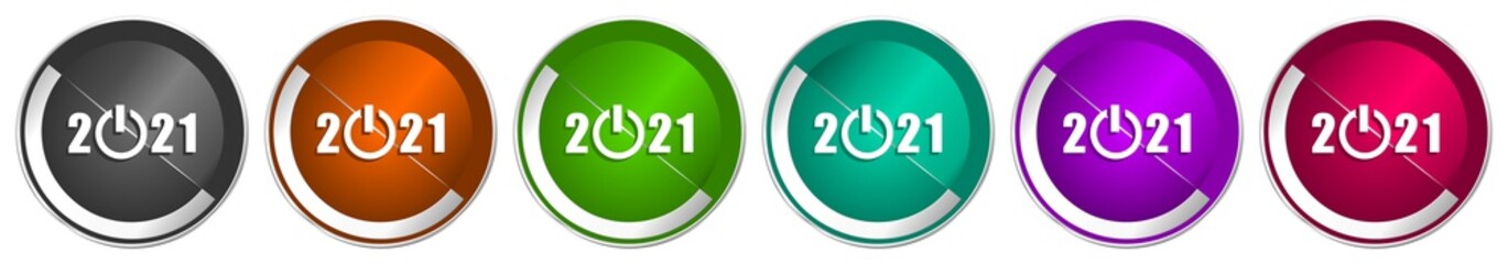 Aufkleber - New year 2021 icon set, silver metallic chrome border vector web buttons in 6 colors options for webdesign