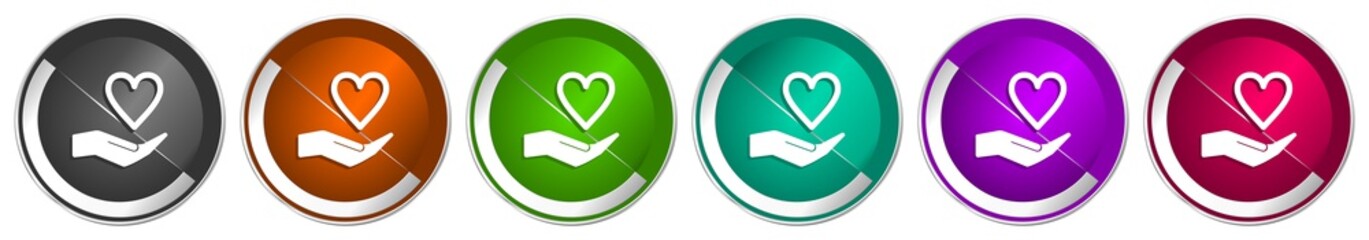 Aufkleber - Care love icon set, silver metallic chrome border vector web buttons in 6 colors options for webdesign