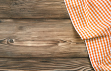 Orange Checkered Picnic Cloth On Wooden Background,food Design Tabletop,backdrop.