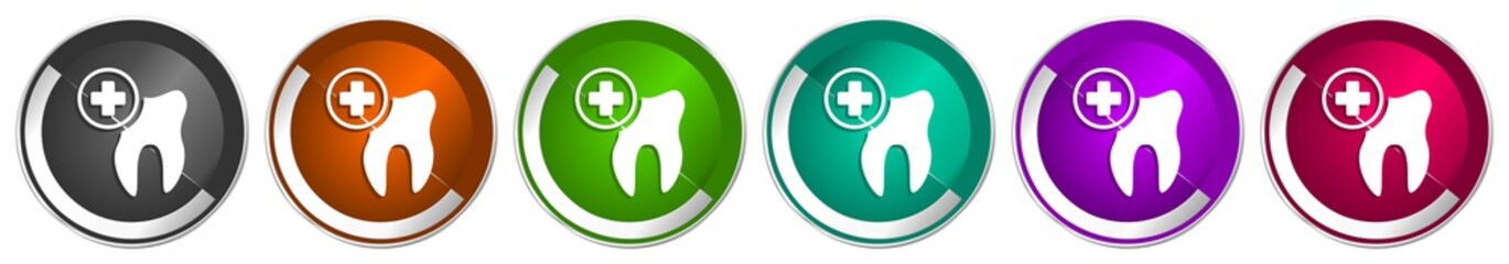 Poster - Dentist icon set, dental, tooth silver metallic chrome border vector web buttons in 6 colors options for webdesign